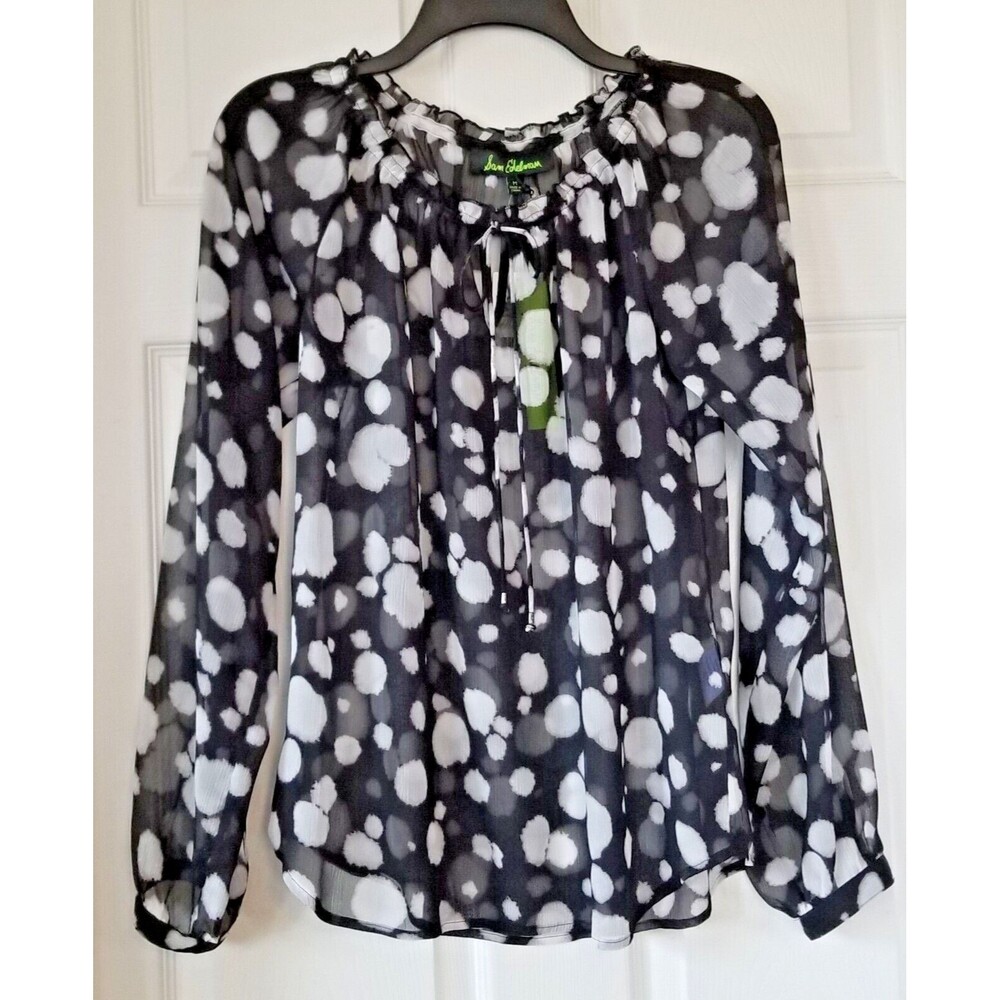 SAM EDELMAN Black & Ivory Spotted Blouse Tie Neck Long Sleeves Sheer Size M NWT